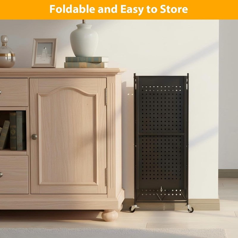 3 Tier Foldable Storage Shelf w Wheels Heavy Duty Metal Rolling Rack Black6