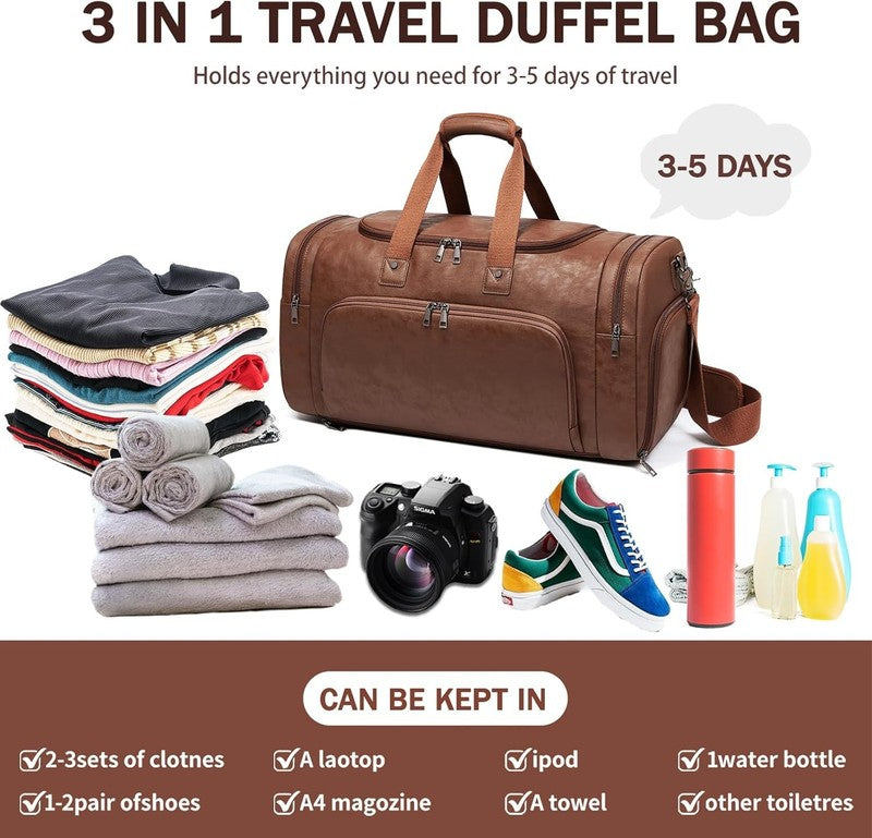 Leather Travel Duffle Bag Weekender Waterproof Shoe Compartment Gym Bag4
