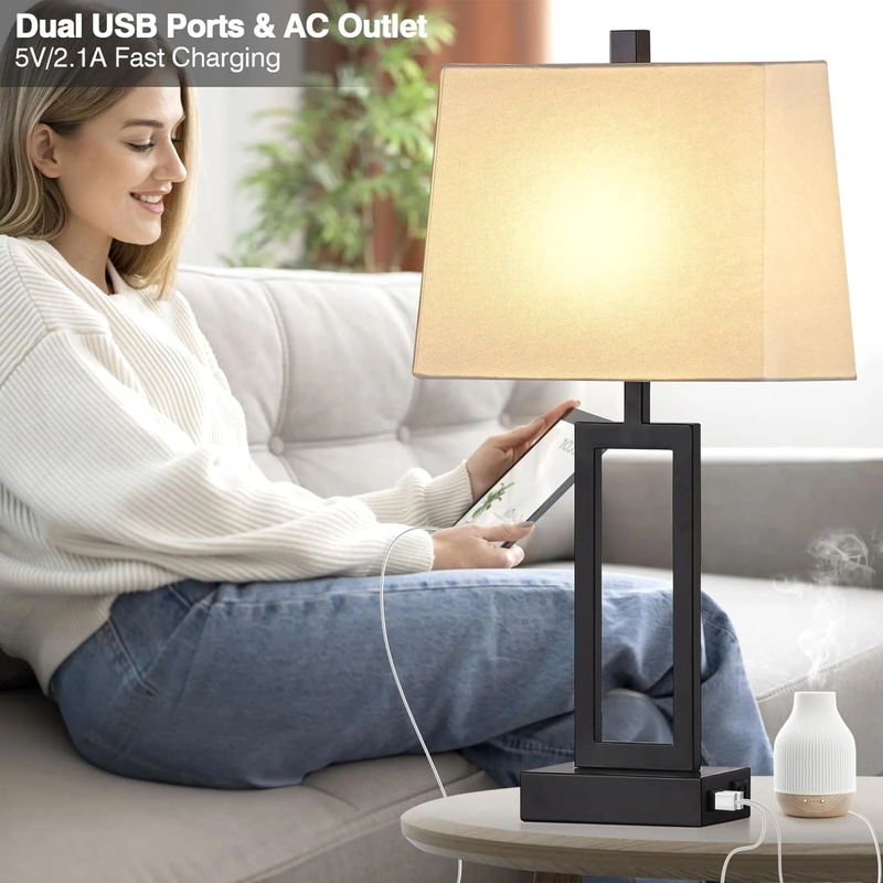 Set of 2 3 Way Dimmable Touch Table Lamps USB Ports AC Outlet Modern Nightstand 5