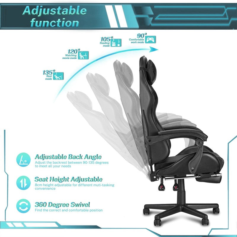 Ergonomic Gaming Chair with Footrest Massage Lumbar Support High Back Black5