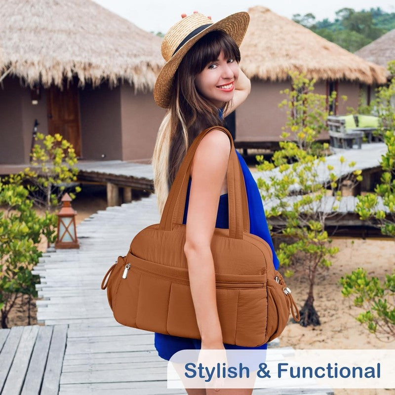 Travel Duffel Bag Women Puffer Gym Weekender Wet Pocket Carry On Brown7