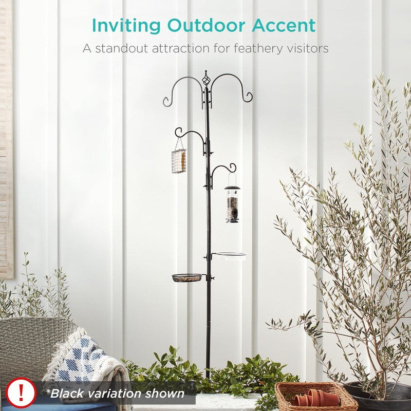 91" Brown Steel 4-Hook Bird Feeding Station w/ 2 Feeders, Tray & Bird Bath6