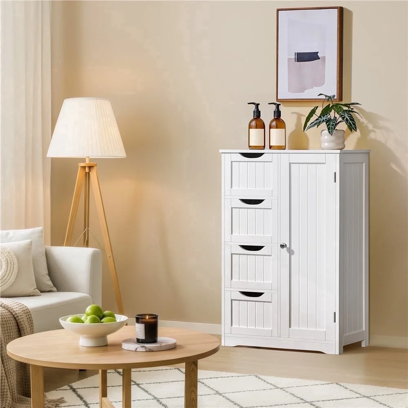 Wooden Cabinet Storage Unit with 4 Drawers & Cupboard for Bathroom, White9