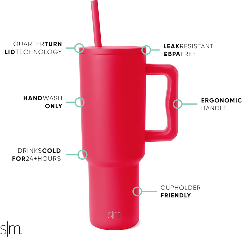 40oz Tumbler with Handle Insulated Cup Holder Friendly Travel Mug Red1