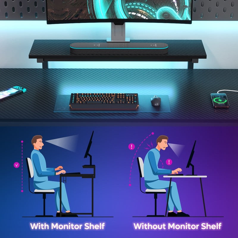 52" L-Shaped Gaming Desk LED with Power Outlet & Monitor Stand Carbon Fiber6