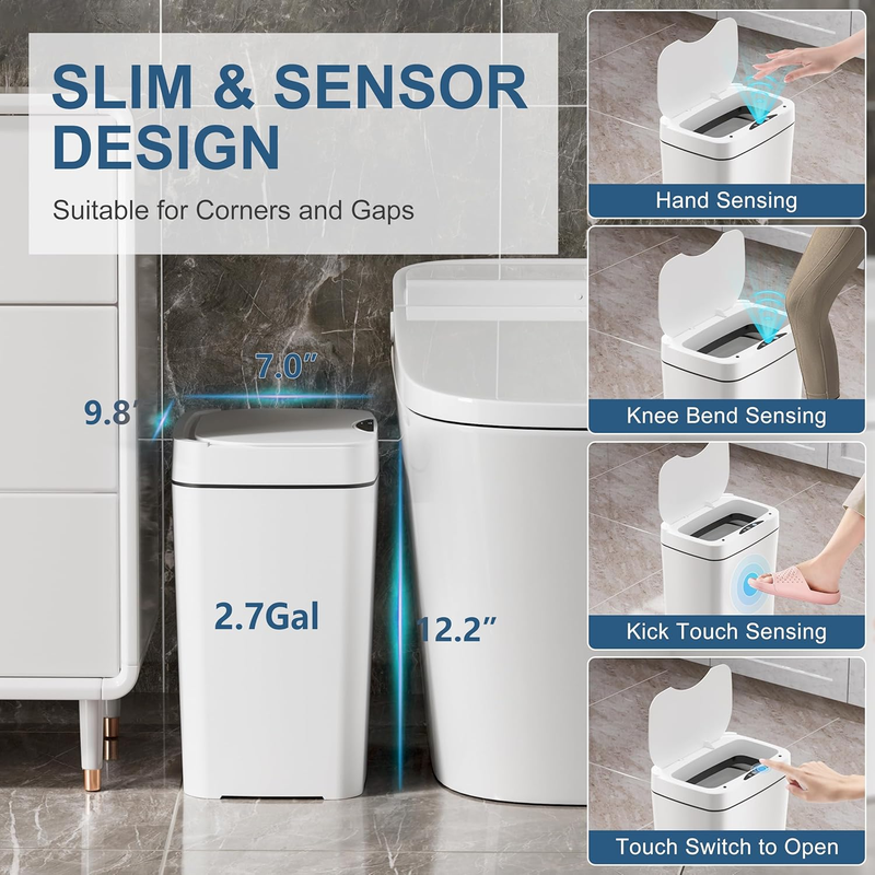 2 Pack 2.7 Gal Touchless Motion Sensor Bathroom Trash Can w/ Lid Slim2