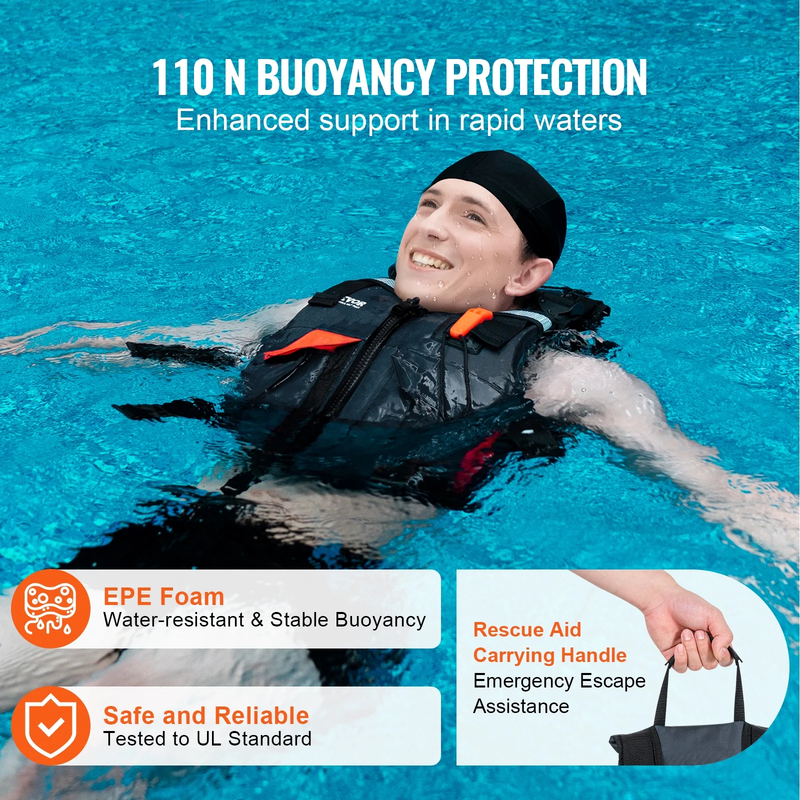 Life Vest for Watersports (PFD), Life Jacket with Waterproof Nylon & 110N Buoyan3