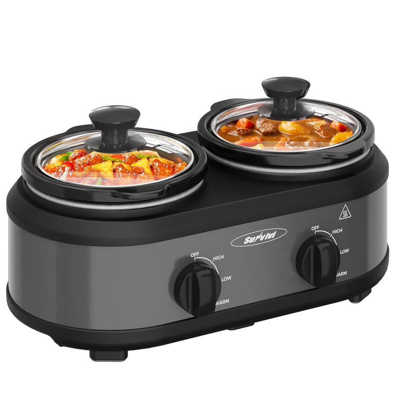 Small Double Slow Cooker, 2 Pot 1.25 Quart Oval Crock Food Warmer Buffet Server,11