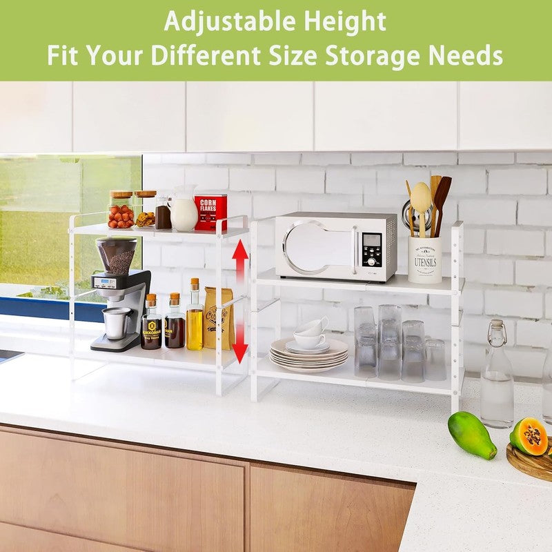 Expandable Cabinet Shelf Organizer 2 Pack Stackable Kitchen Rack White1