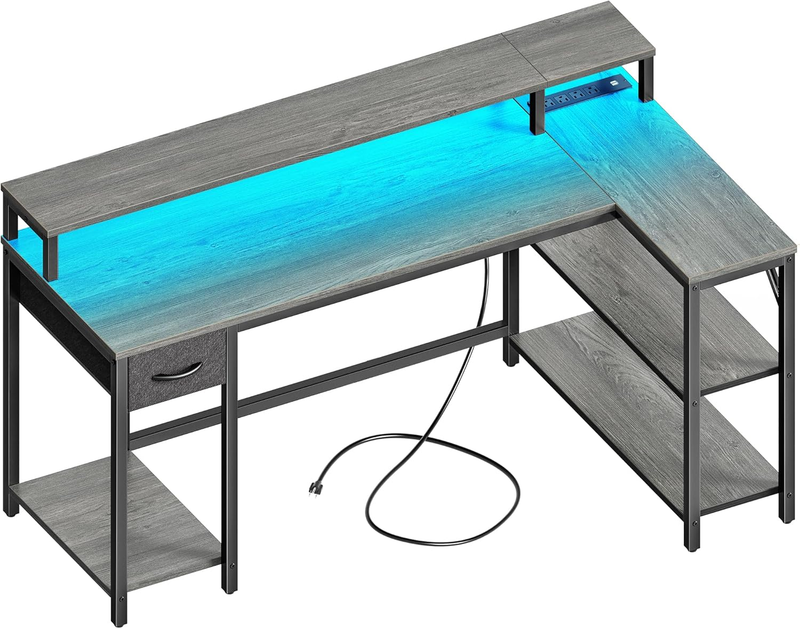 53'' Reversible L Shaped Desk LED Lights Power Outlets Gaming Grey10