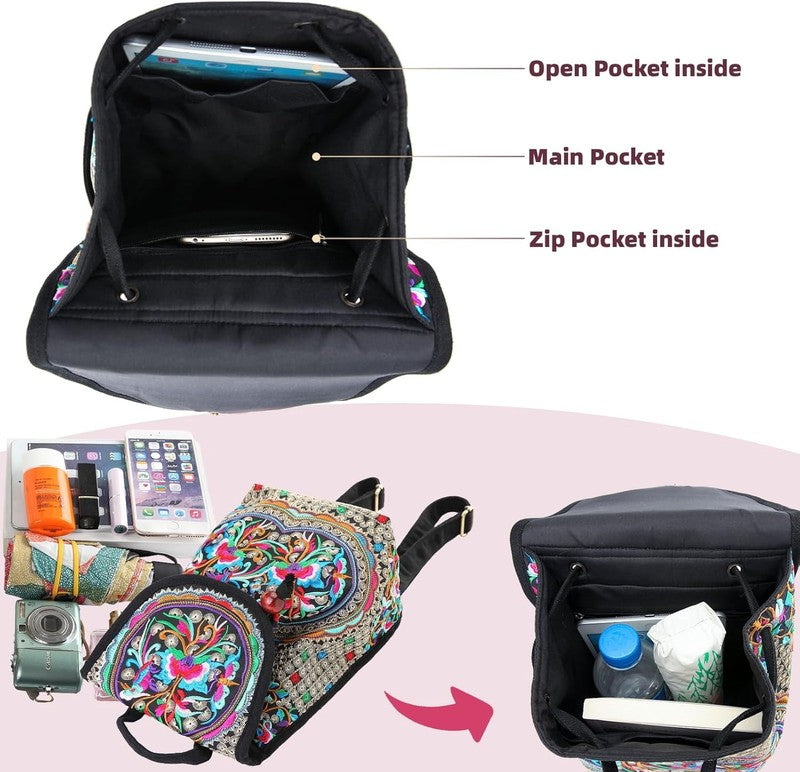 Women Embroidered Backpack Boho Floral Mini Travel Shoulder Bag Lightweight Red22