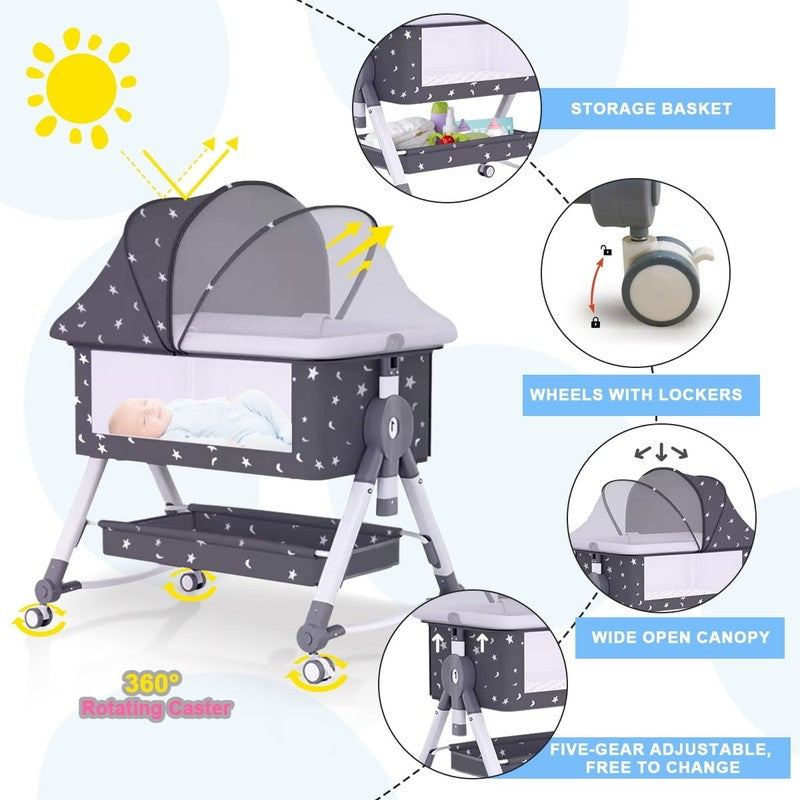 4 In 1 Bedside Bassinet, Adjustable Height, Black with Storage Basket5