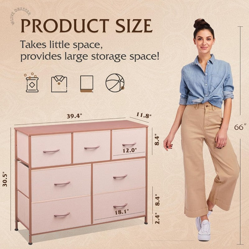 7 Drawer TV Stand Dresser Pink Metal Frame Wood Top Storage Chest2