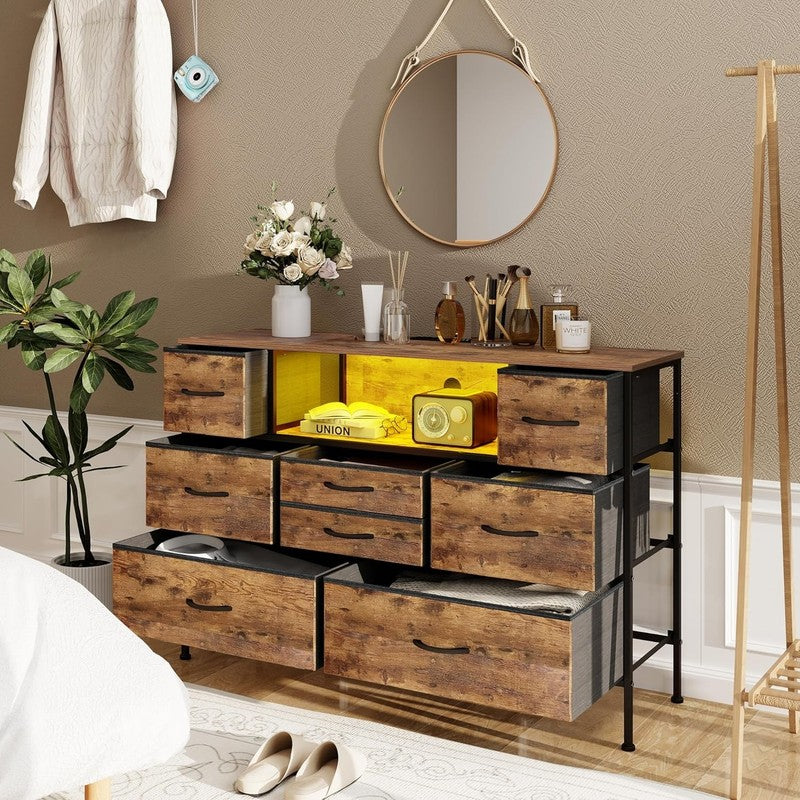 8 Drawer Dresser with Charging Station LED Light Fabric Drawers TV Stand Storage4