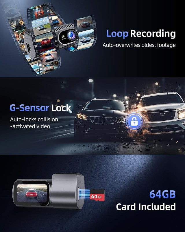 4K Dash Cam Front Mini 360° w/ 64GB Card 5G WiFi WDR Night Vision 170° Car Cam6