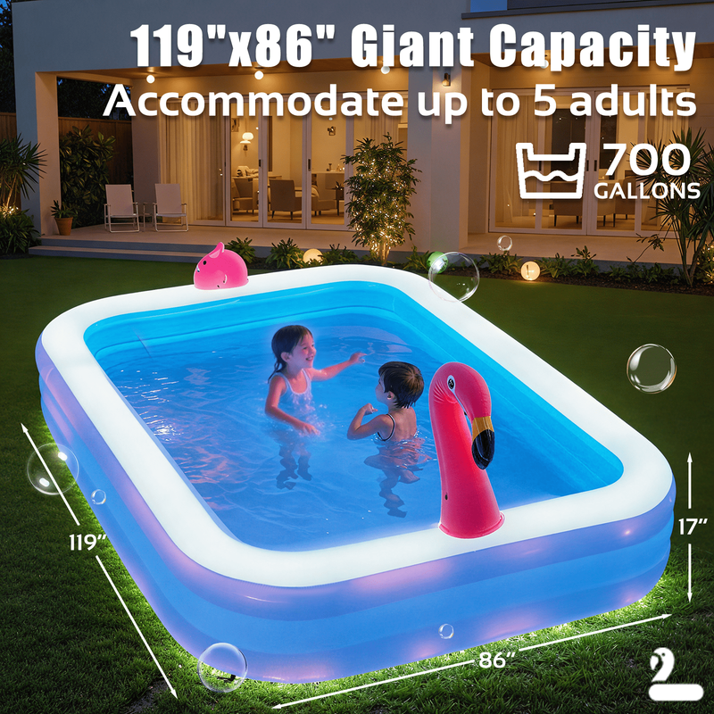 119" X 86" X 21" Inflatable LED Pool with 3 Modes, Electric Pump, Family Blow-Up1