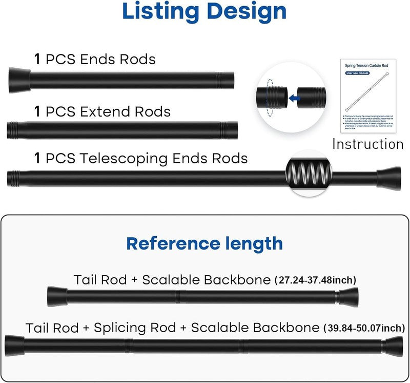 Adjustable Black Tension Curtain Rod 28-48" No Drill for Shower & Windows1