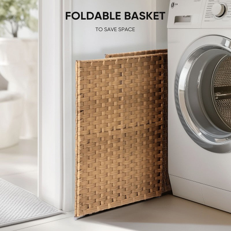 90L Handwoven PP Rattan Laundry Basket w/ Lid, Handle, Foldable, Removable Liner3