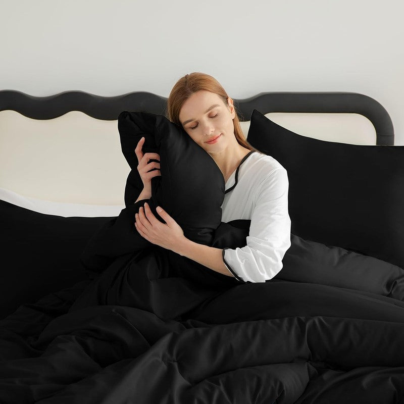 Queen Comforter Set Black, 3 Pieces Solid Queen Comforter Breathable Quilted Sty7