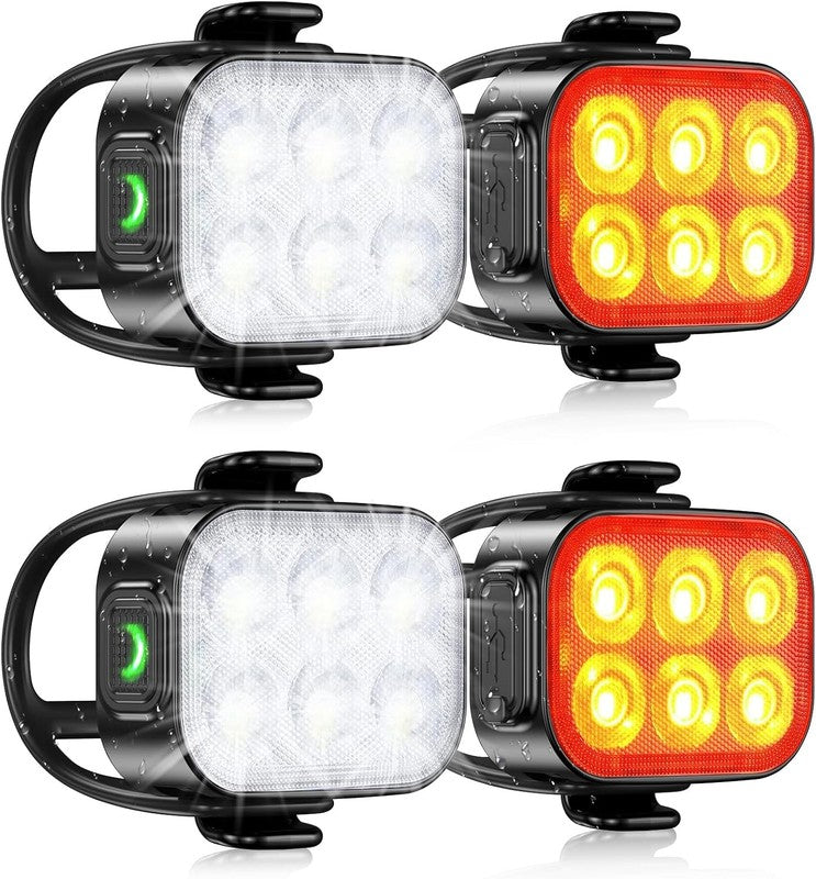 USB Rechargeable Bike Lights Front & Rear IP65 Waterproof 4+6 Modes 2 Set7