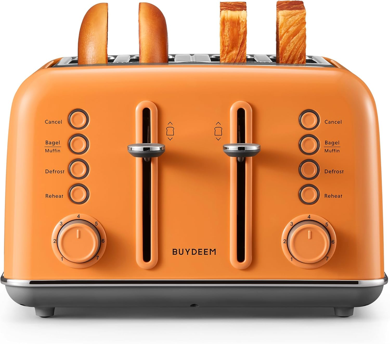 Retro 4 Slice Toaster 1800W Extra Wide Slots 7 Shade Bagel Stainless Orange0