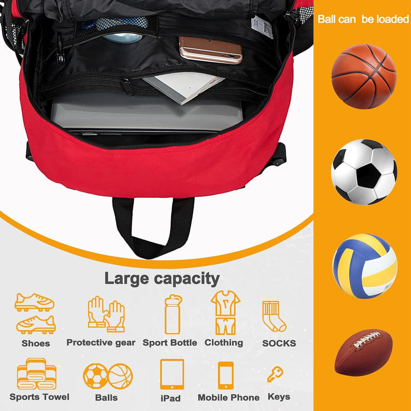 Soccer Basketball Backpack w/ Ball & Shoe Compartment Sports Travel Bag3