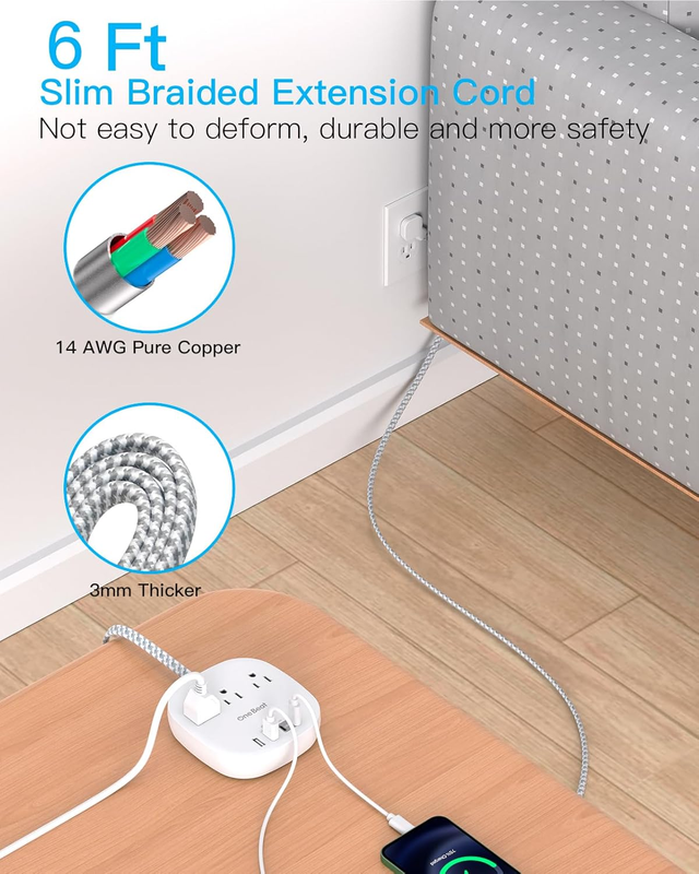Flat Plug Power Strip 3 Outlets 4 USB 2 USB C 6FT Cruise Approved4