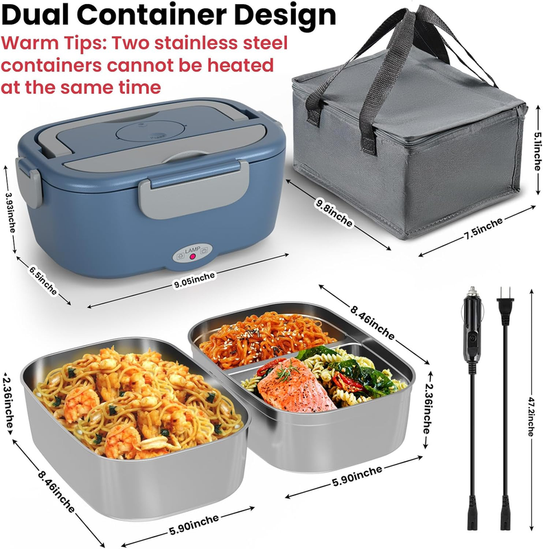 Electric Lunch Box Fast Heating Portable Food Warmer 2x53oz Stainless Steel5