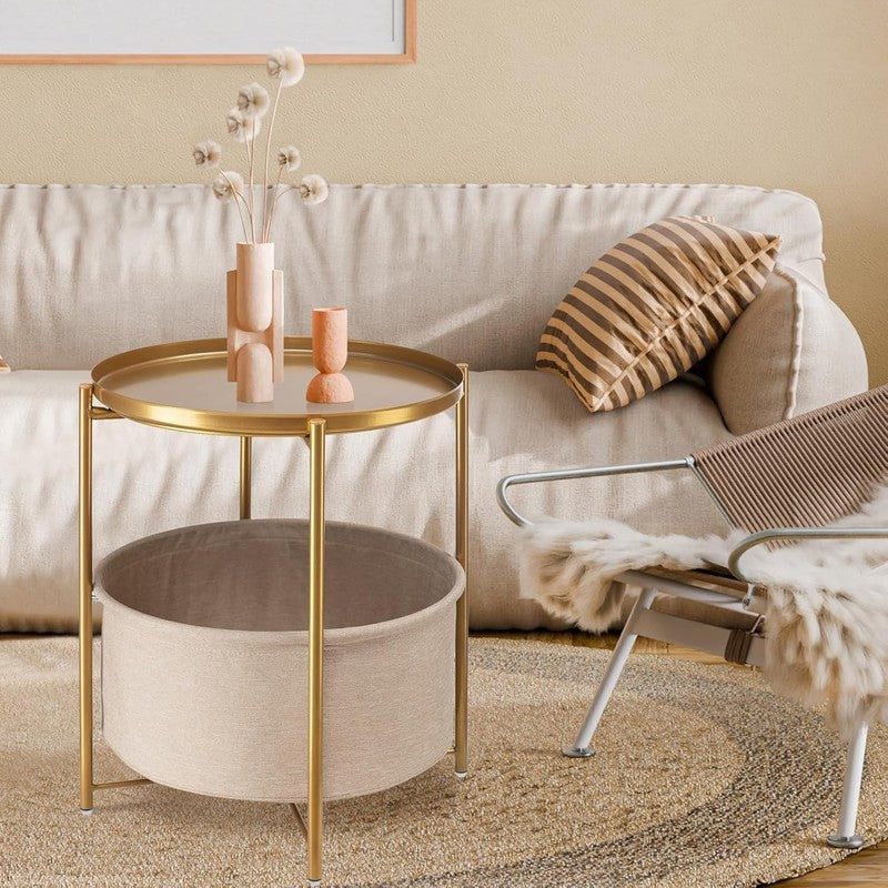 Round Side Table Nightstand with Fabric Basket & Removable Tray Gold8