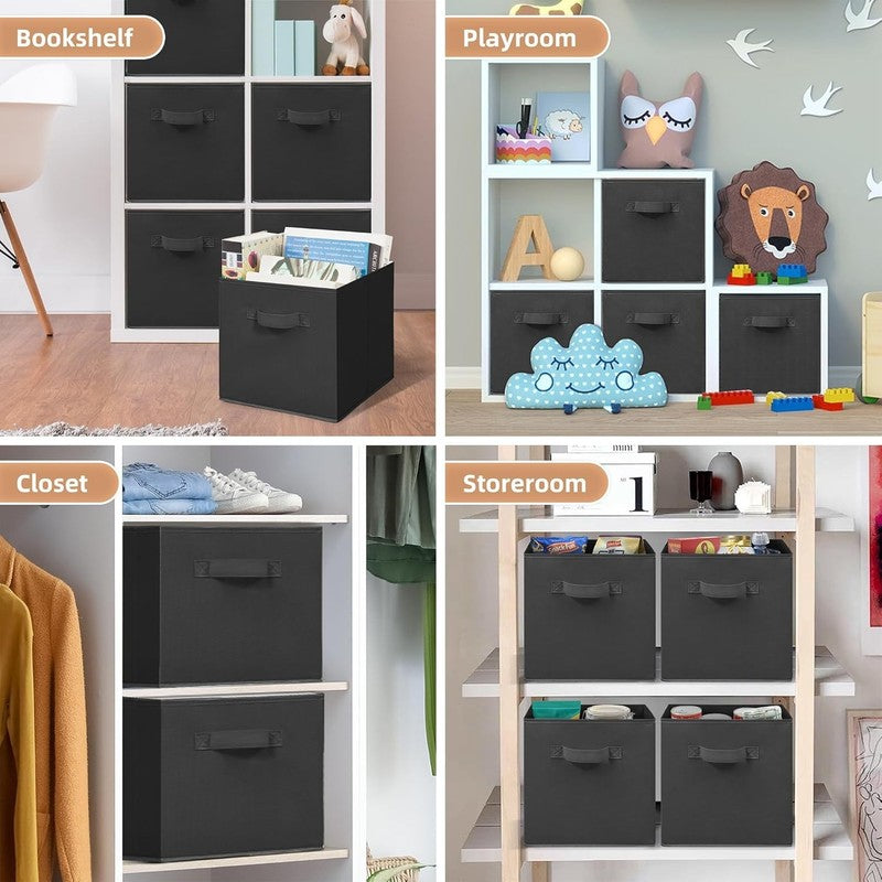 6 Pack Black Fabric Storage Cubes with Handles, 11 Inch Foldable Bins6