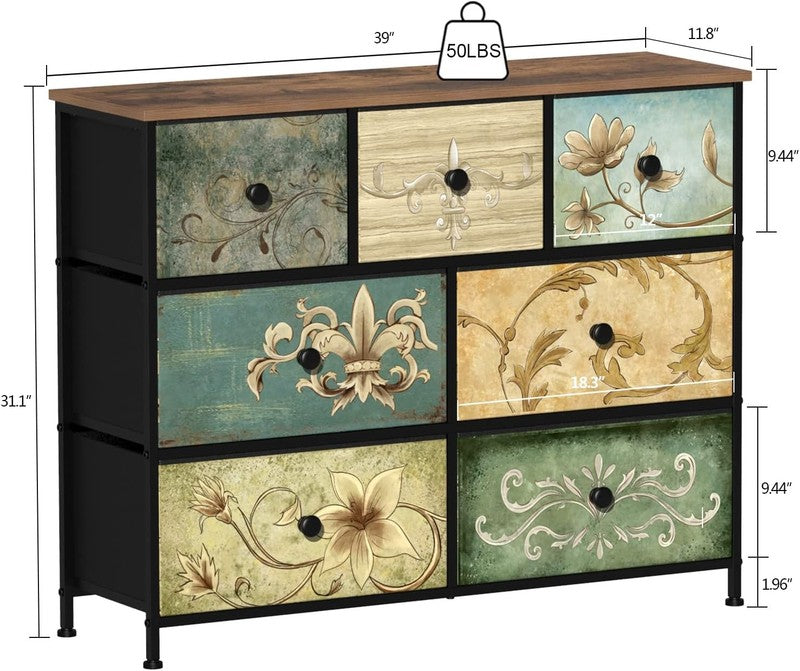 7 Drawer Fabric Dresser Retro Floral Chest Storage Organizer for Bedroom Closet2