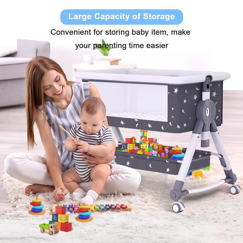 4 In 1 Bedside Bassinet, Adjustable Height, Black with Storage Basket4