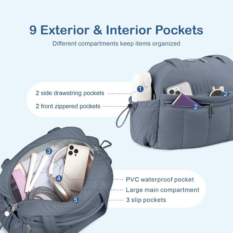Travel Duffel Bag Women Puffer Gym Weekender Wet Pocket Carry On Blue Grey5