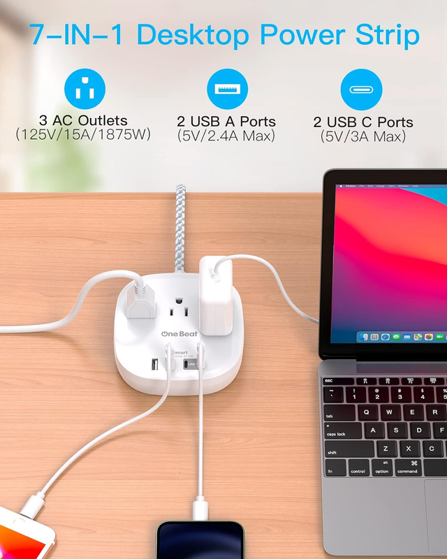 Flat Plug Power Strip 3 Outlets 4 USB 2 USB C 6FT Cruise Approved5