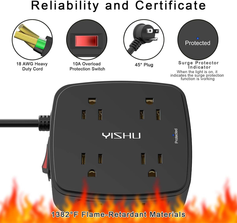 6FT Surge Protector Power Strip 8 Outlets 4 USB Ports Flat Plug Black5