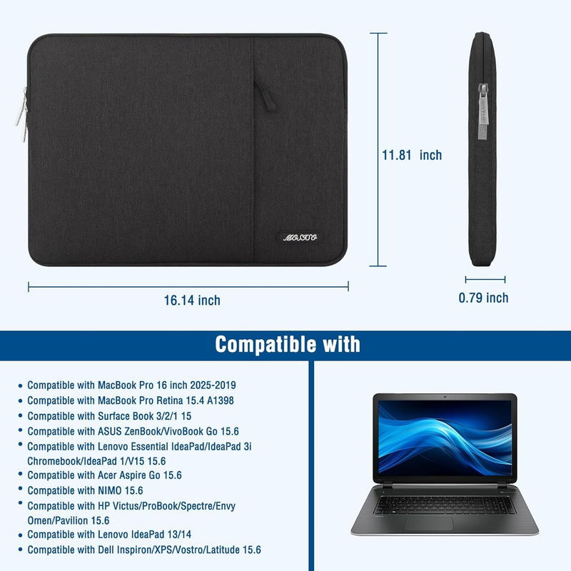 Laptop Sleeve 15 16" MacBook Pro HP Dell Lenovo ASUS Polyester Bag Black4