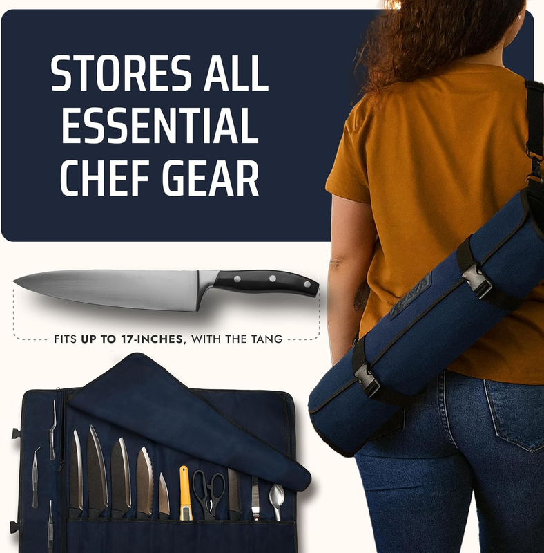 Canvas Chef Knife Roll Bag 10 Slots Large Pocket Adjustable Shoulder Strap3