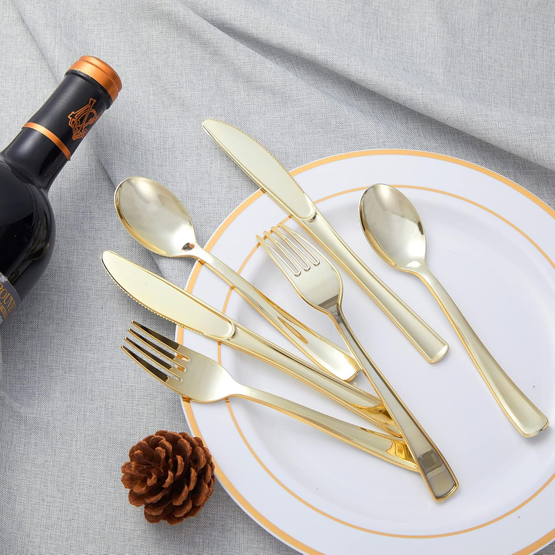 300 Pc Gold Plastic Silverware Set 100 Forks Spoons Knives Disposable Party3