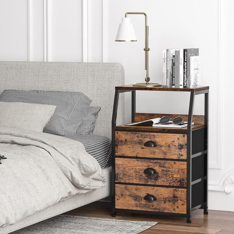 Nightstand with 3 Drawers and 2 Tier Shelf, Fabric Small Dresser Organizer Verti1