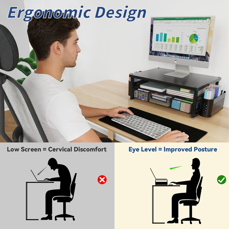 2 Tier Monitor Stand Riser with Drawer and Pen Holders, Desk Organizer and Acces3