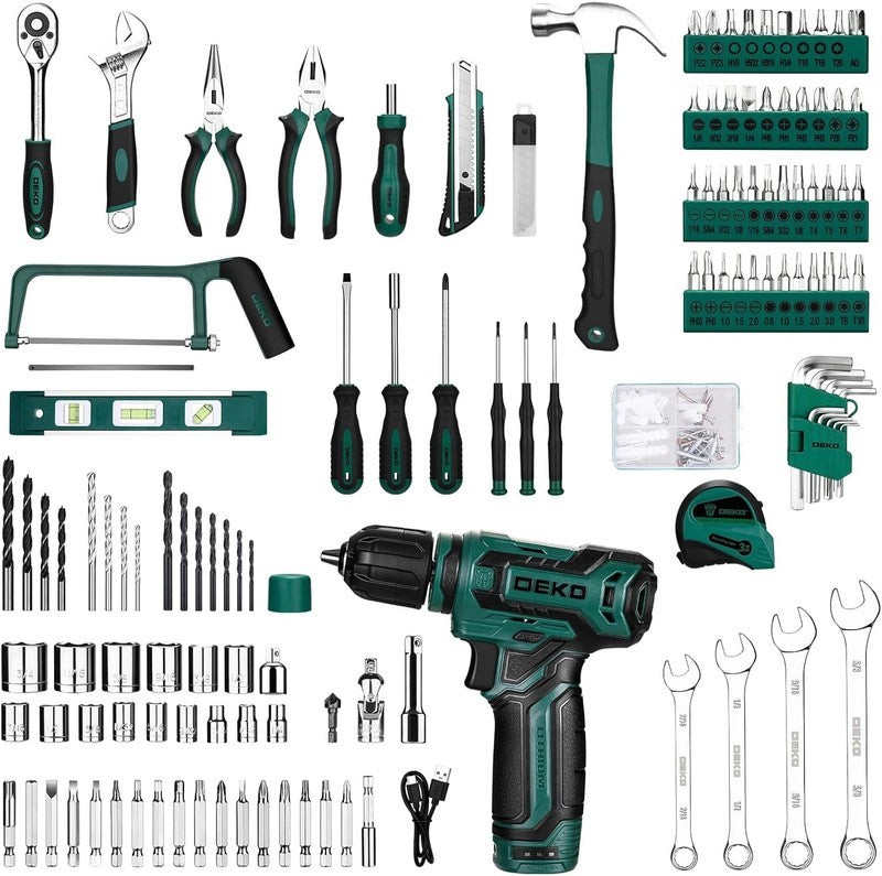 12V Cordless Drill Tool Kit Green Home Repair Hand Toolbox Mechanic Set3
