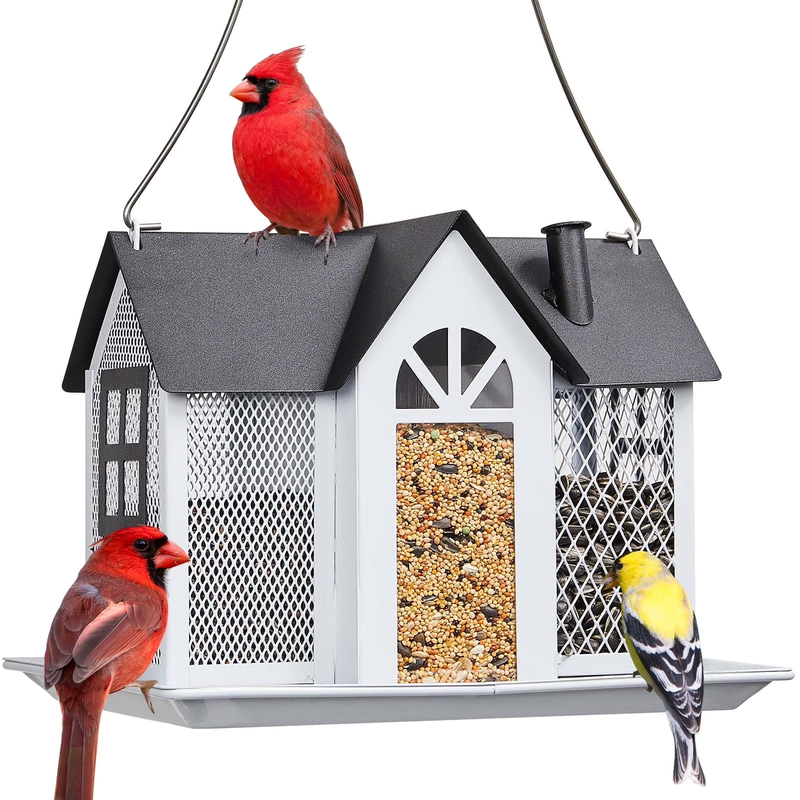 White Metal Weatherproof Bird Feeder House, Triple Feeders for Finch & Cardinal6