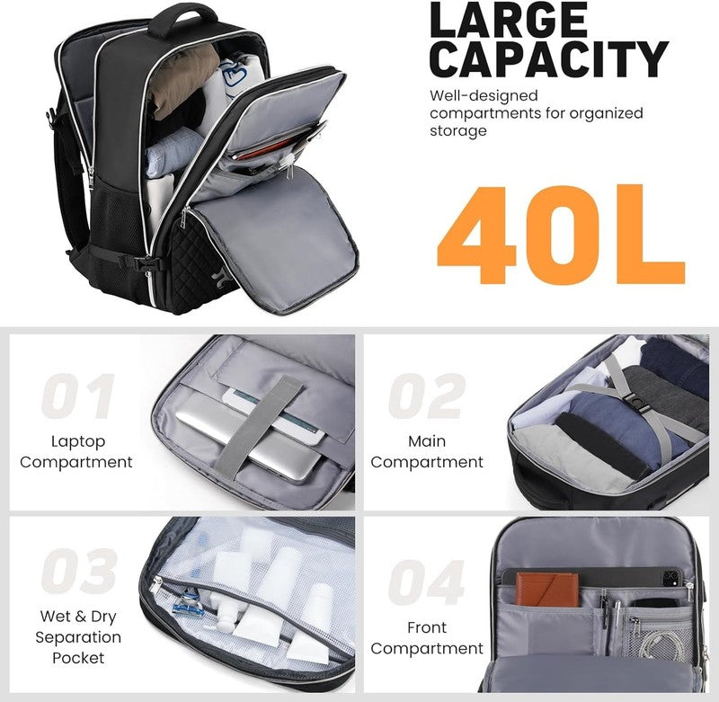 Travel Backpack for Women and Men, 40L Flight Approved Carry on Bag, Water Resis2