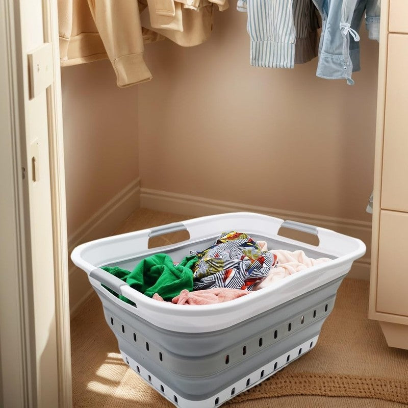 42L (11 Gal) Collapsible Plastic Laundry Basket White/Grey Foldable Hamper4