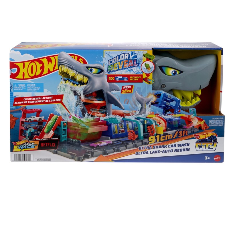 City Ultra Shark Car Wash with Color Reveal Toy Car in 1:64 Scale, Ages 3-8, 8.35