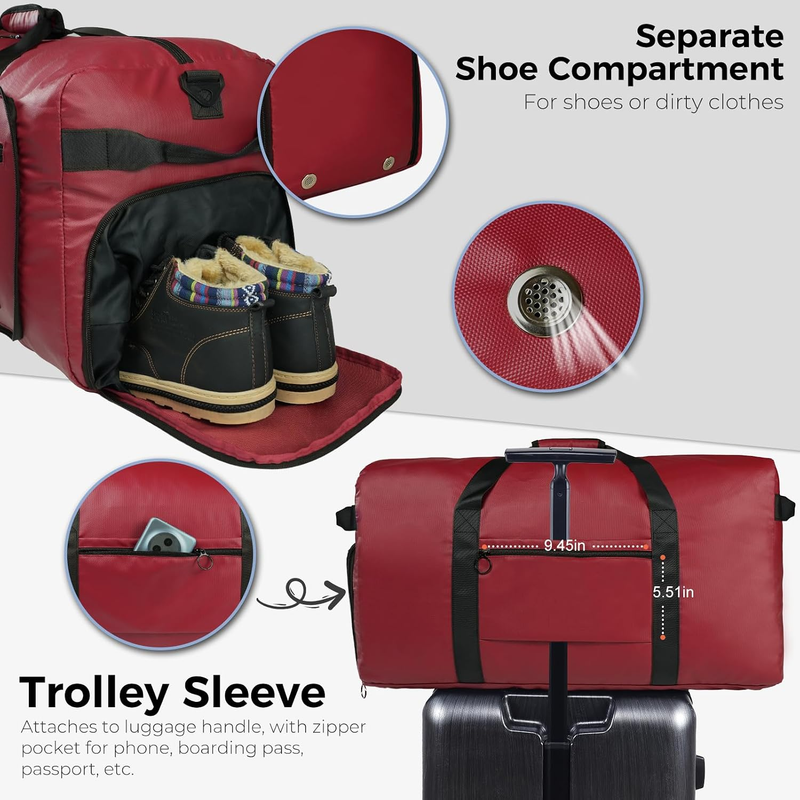 65L Travel Duffel Bag Foldable w/ Shoe Compartment Water Resistant Gray4