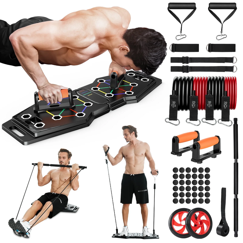 Foldable Push up Board 25-In-1 with Resistance Bands, Ab Roller & Bar, Color-Cod8