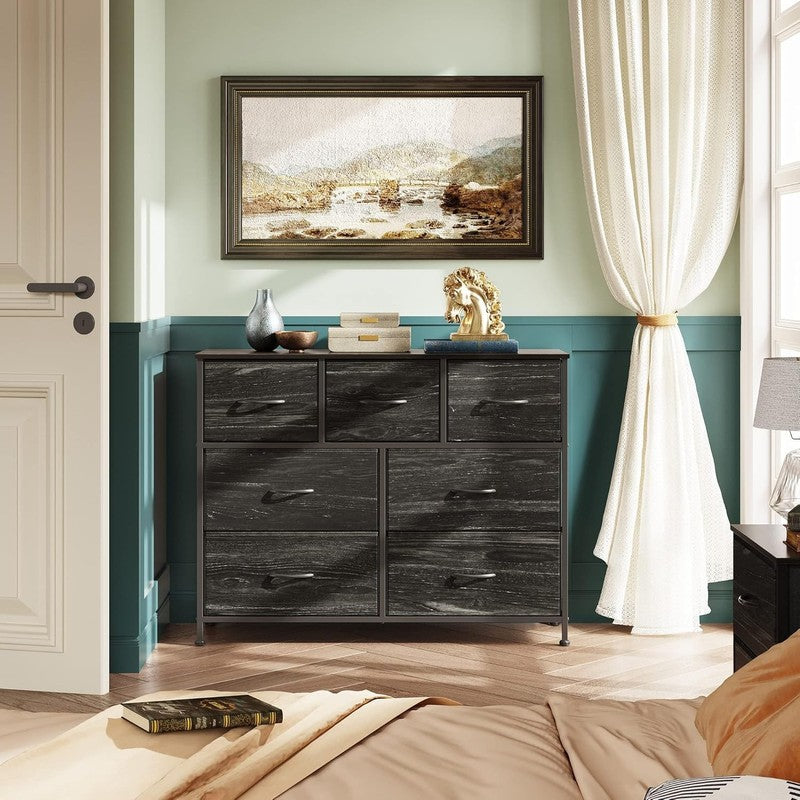 7 Drawer TV Stand Dresser Charcoal Black Wood Grain Metal Frame Storage Chest3