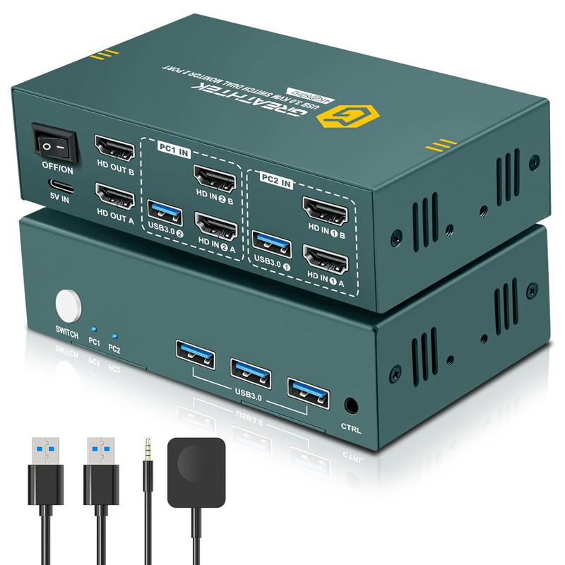 HDMI KVM Switch 2 Monitors 2 Computers 4K@60Hz, USB3.0 KVM Switch Dual Monitor w10
