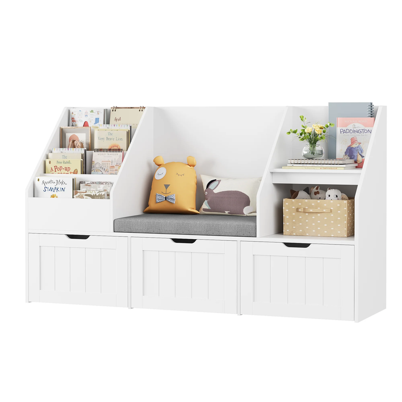 Kids Bookshelf with Reading Nook & 3 Movable Drawers, 2 Cube Bookcase with 4 Tie6